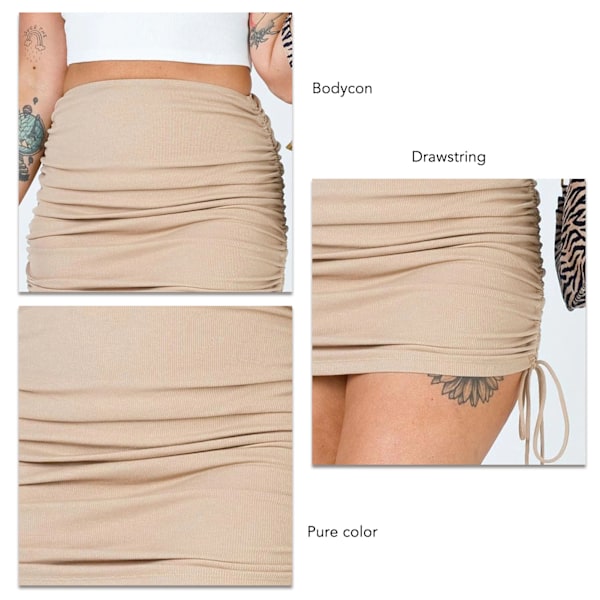 Kvinnors Ribbade Sida Snörning Rynkad Stretchig Bodycon Enfärgad Pennskirt Khaki L