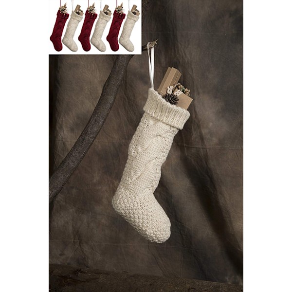 Stickade julstrumpor i lantlig stil, set om 6, 46 cm långa, vinröd & elfenben, ullgarn, mysig juldekoration i lantlig stil, hållbara & återanvändbara, inkluderar upphängning