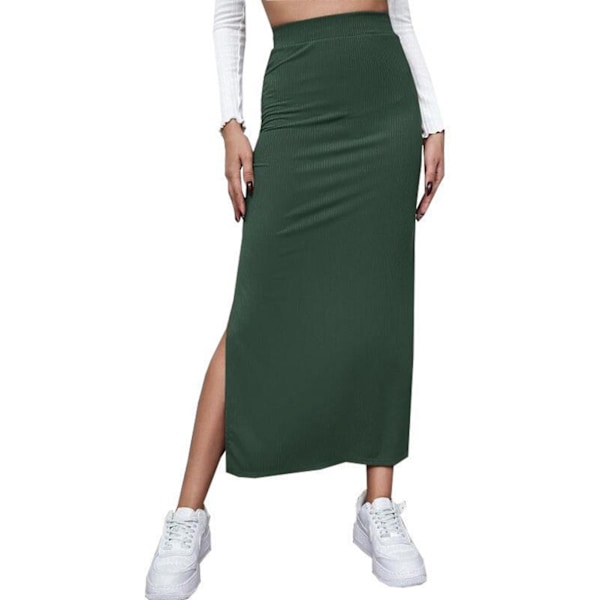 Lång kjol med slits, elastisk hög midja, kroppsnära modell för kvinnor, enfärgad, mediumlängd för festsemester, grön XL