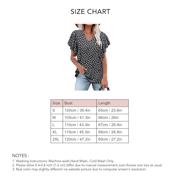 Dam V-ringad Topp Kort Rufflad Ärmar Lös Passform Sommar Casual T-shirt för Dagligt Bruk Svart Blommigt Tryck S