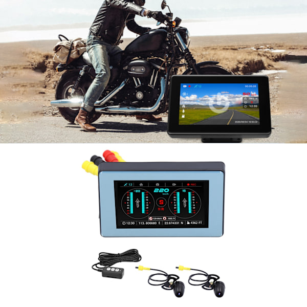 3,9 tommers motorsykkel dashcam med 150° vidvinkel, IP67 vanntett, GPS HUD, dobbelt kamera videoopptaker