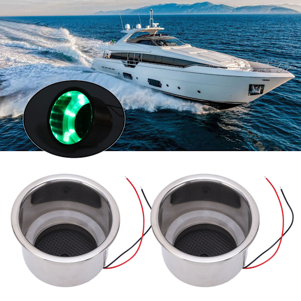 2 stk. Lysende Kopholderindsats 8 LED'er 304 Rustfrit Stål med Drænhul til Marinebåd Bil Grøn LED