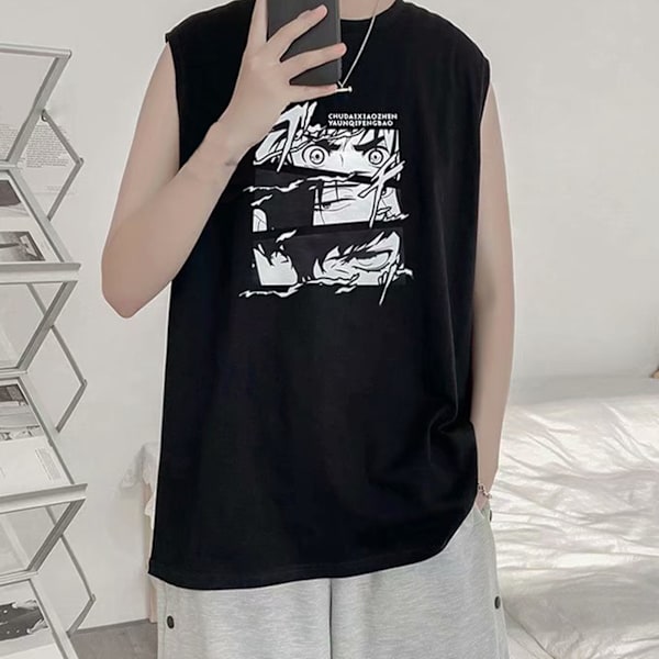 Mænd Tanktop Smuk Print Ærmeløs Løstsiddende Vest Skåret Skjorte til Hjemmetræning Sort XL