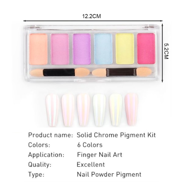 Nail art solid magisk speil pulver aurora pulver, 6 farger