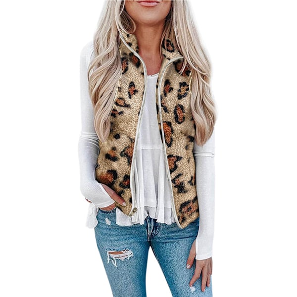 Tie Dye Fleece Väst Ärmlös med Dragkedja Etniskt Mönster Tryck Väst Ytterkläder Varm Mjuk Fleece Väst Leopard Gul XXL