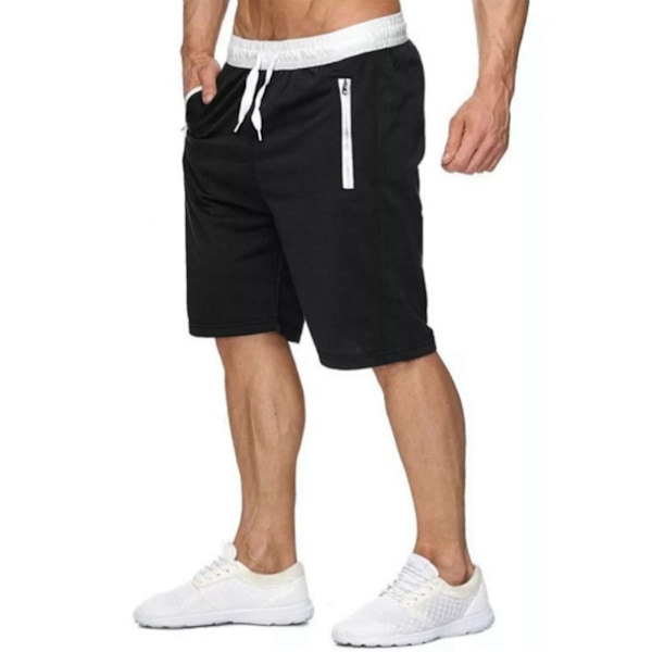 Män Sportliga Träningsshorts med Snörning i Midjan, Fickor med Blixtlås, Svettavvisande Löpbyxor för Vandring, Svart M