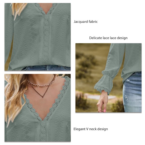 V-ringad blus med spetsjacquard, romantisk långärmad blus med jacquardspets för kvinnor, mörkgrön S
