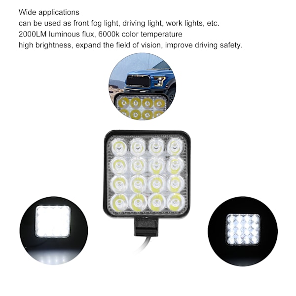 48W LED Arbeidslampe 2000LM 6000k Kvadratiske Spotlight Hvit Lys IP68 Vanntett Universal