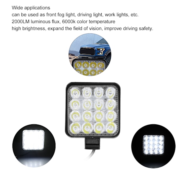 48W LED Arbetslampa 2000LM 6000k Kvadratiska strålkastare Vit Ljus IP68 Vattentät Universal
