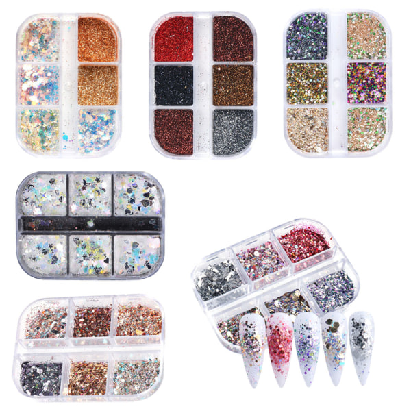 6 bokser Nail Paljetter og Nail Pudder, Nail Art Glitter Blandet