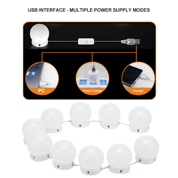 10LED Sminkspelsljus Kit Glödlampor Toalettbelysning Dimbar Ljussträng