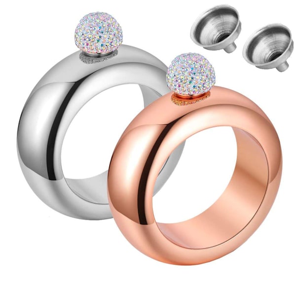 Kristallprydd Flaskarmband, 304 Rostfritt Stål, Portabel & Döljbar, 2-pack, Rosaröda & Silverfärgade Rhinestones, 100 ml, Perfekt För Trendiga
