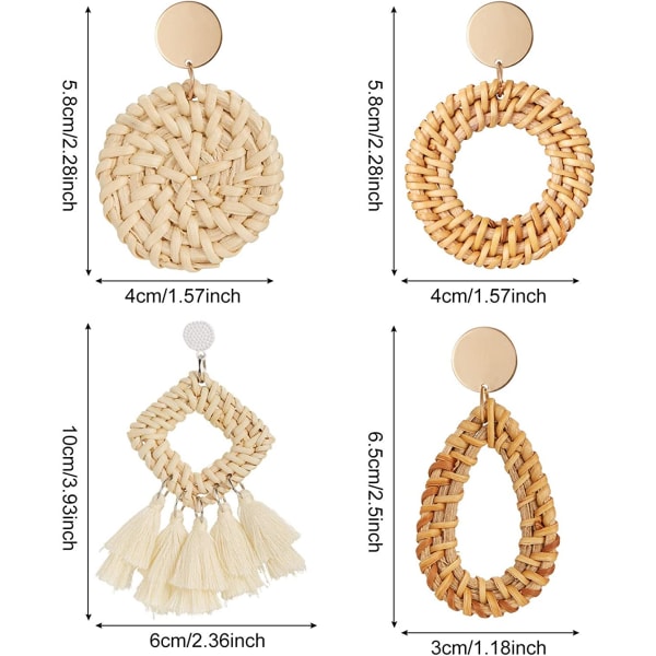 4 par flettede øreringe i rattan - lette geometriske statement øreringe med kvast