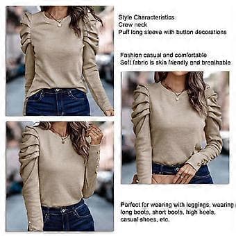Dame Puff Langærmet Top Rund Hals Knap Dekoration Løs Pasform Casual Pullover Bluse Abrikos M