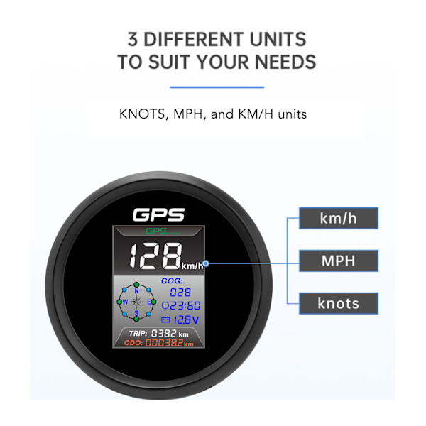 85 mm Digitaalinen GPS-nopeusmittari Solmut MPH KMH LED-taustavalo Sumunesto IP67 Vedenkestävä 9-32V Veneelle Purjeveneelle Autolle Moottoripyörälle 910-00270