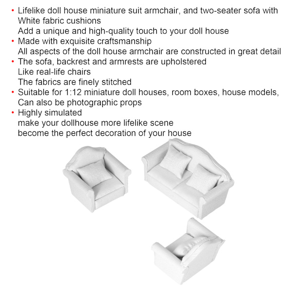 1:12 Dockhus Mini Soffa Ren Vit 3-Delars Soffa Set Mini Vardagsrums Möbelmodeller Vit