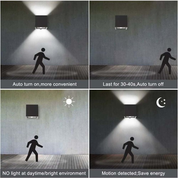 Utomhus Rörelsedetektor Vägglampa, 12W LED Justerbar Ljusvinkel, Aluminium Vattentät Klass IP65, Robust Aluminiumkropp Anti-korrosion, för