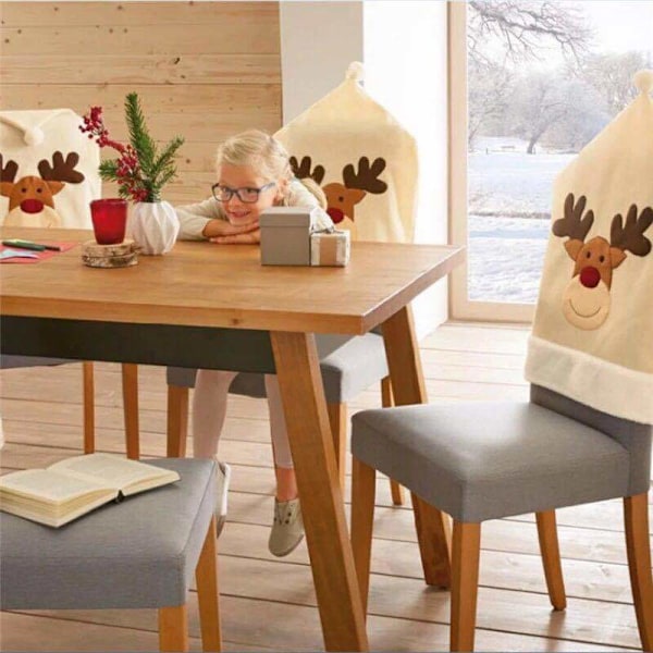 Stolsöverdrag med Snögubbe och Älg för Kvalitativ Polyester Hem Middagsbord Juldekorationer, Lättanvända Söta Jultomtar (4 st)