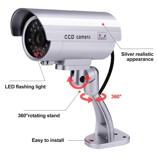 Övervakningssystem med CCTV, väderbeständig attrappkamera med justerbart monteringsfäste, realistiskt utseende, 2-pack, silver, ABS-plast