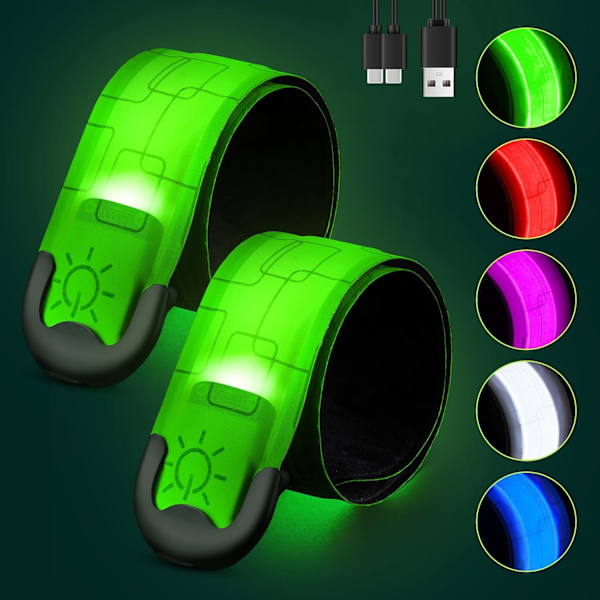 Uppladdningsbart LED Armband 2-pack, Hög Synlighet Reflexutrustning för Nattsäkerhet, Lysande Armband för Nattpromenader, Cykling, Löpargåva