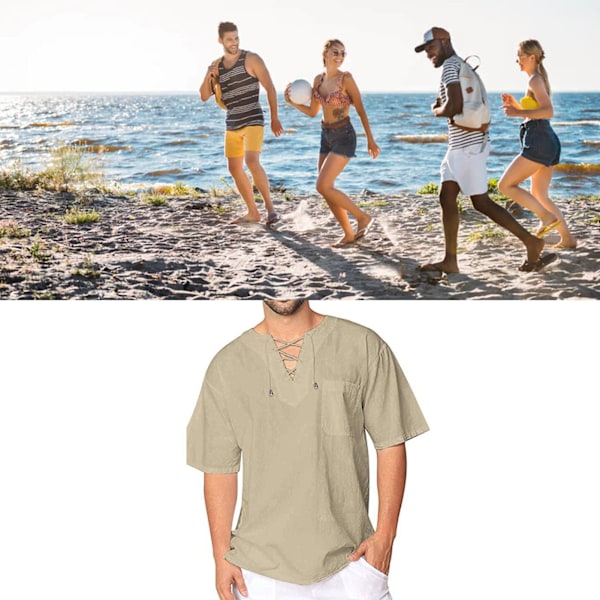 Mænd V-hals T-shirt Krydsende Remme Korte Ærmer Ren Farve Casual Sommer Top til Daglig Brug Beige XXXL