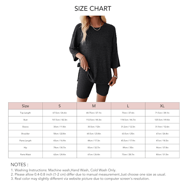 Dam 2-dels set 3/4 Ärm Ribbstickad Rund Hals Oversized Casual T-shirt Shorts Set Mörkgrå M
