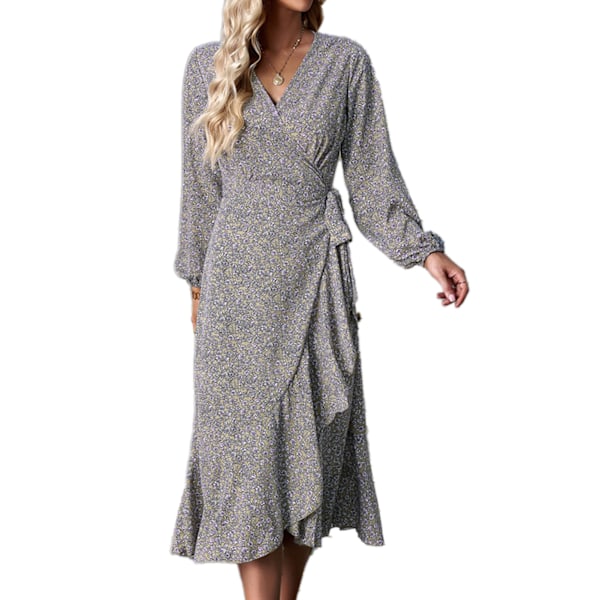 Dam Volang Lång Klänning Blommig Tryckt Casual Figursydd Långärmad V-ringad Oregelbunden Kors Lång Klänning Khaki S