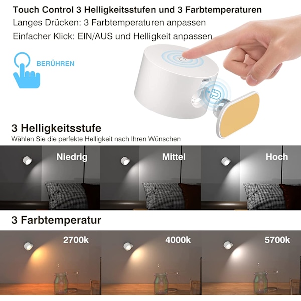 Anpassningsbara LED-vägglampor, uppladdningsbara batteridrivna för mångsidighet, magnetisk bas möjliggör 360° rotation, inbyggt batteri säkerställer tillförlitlighet