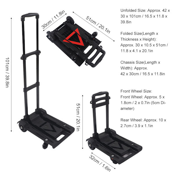 4 Hjul Foldbar Trolley Bæreevne 88LB 40KG Foldbar Håndvogn Bagagevogn til Rejser