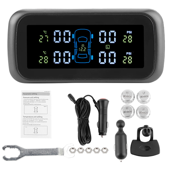 Trådløst Dækpressionsovervågningssystem LCD Display Monitor Bil TPMS med 4 Sensorer