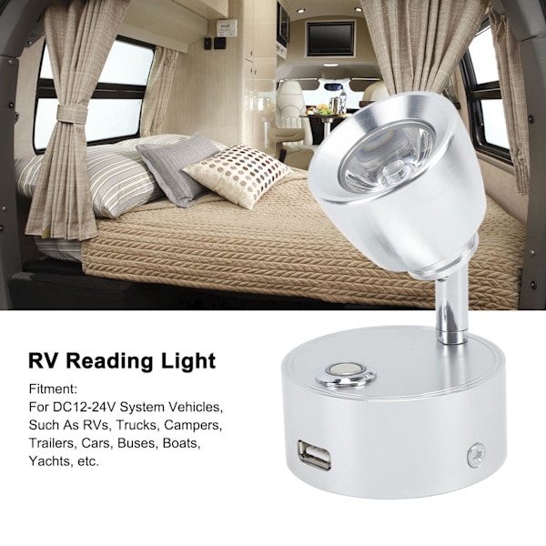 RV Læselampe LED Indendørs Sengelampe Båd Yacht USB Genopladelig Justerbar Berøringslampe T DC12 til 24V Sølv
