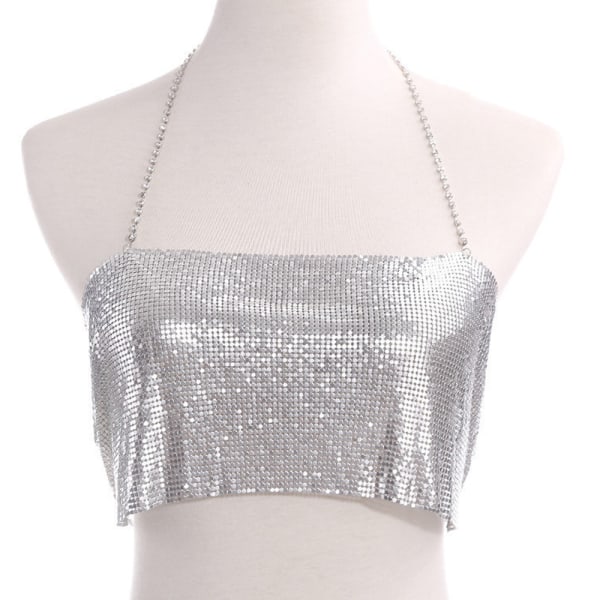 Silver Sparkly Party Body Chain BH Smycken Justerbar Backless