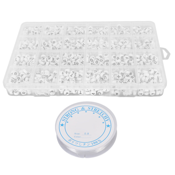 1200 stk Akryl Bogstavperler Klar Engelsk Skrift DIY Runde Bogstavperler med 0,8 Elastisk Kabel Hvid