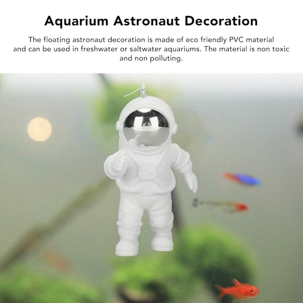 Akvaarion kelluva astronautti - söpö, ympäristöystävällinen, säädettävä PVC-kalatankikoriste pallolla ja köydellä, hopeinen naamio