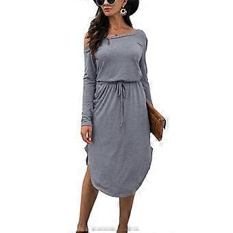 Dame Kjole Polyester Polyurethan Fiber Ensfarvet Off Shoulder Lange Ærmer Elastisk Kjole i Ét Stykke til Efterår Vinter