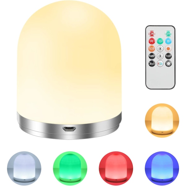 Nattlampa för barnrum, USB-uppladdningsbar & Timerfunktion, Touch-kontrollerad babysäker lampa med minne & halkfri bas, 7 RGB-färger & Varmvitt, Tyst