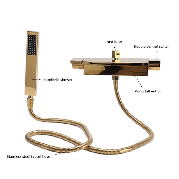Dusjsett med vannfallsbadkarbatteri Dobbel kontroll Veggmontert dusjkarbatterisett med sprøyte Hunn hann gjenger G1/2 Gull
