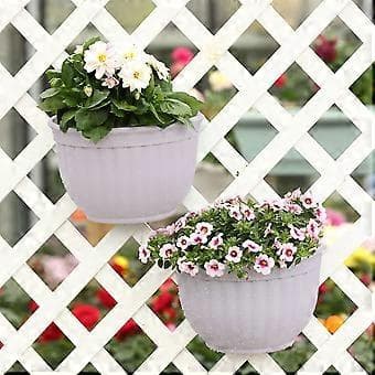 2-pack hängande blomkrukor i plast med dränering och 4 krokar (vit + vit)