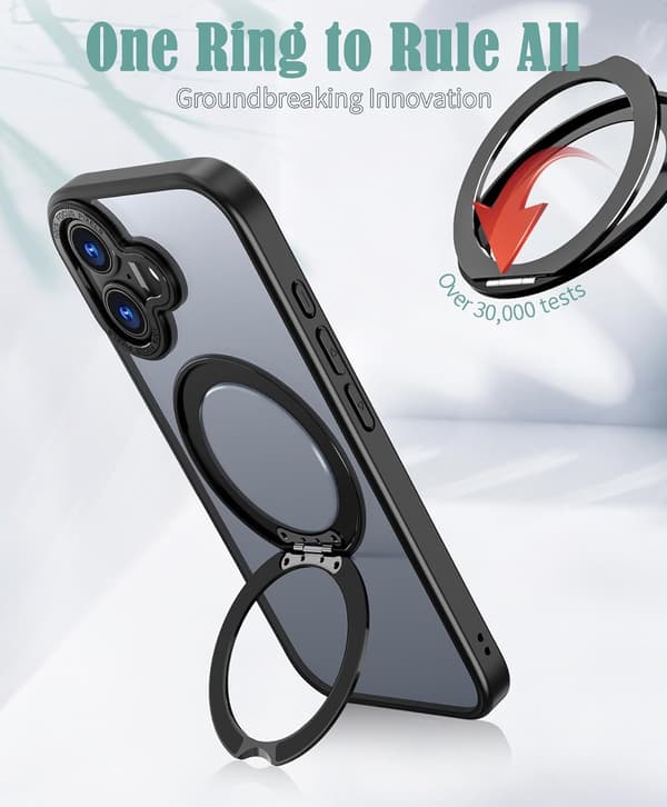360° roterbart magnetisk ringdeksel til iPhone 16 Plus, støtsikkert beskyttelsesdeksel (svart) Black iPhone 16 Plus