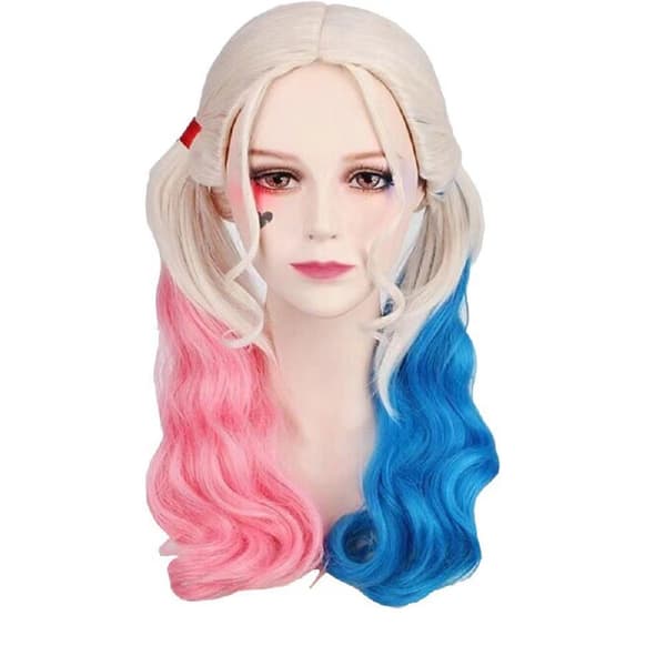 Lyserøde og blå lange krøllede parykker, Halloween festkostumer, Harley Quinn parykker