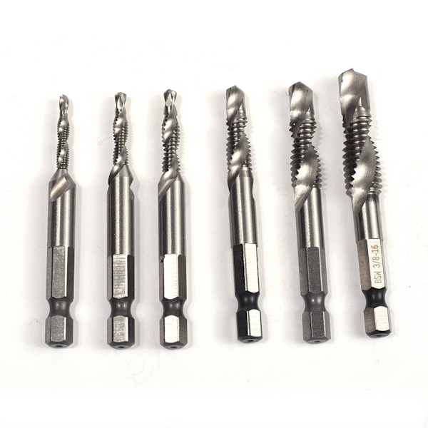 6-pack Tapborrset 1/4 tum Skaft 1/8 tum 5/32 tum 3/16 tum 1/4 tum 5/16 tum 3/8 tum Stål Mångsidig Användning Tapborrverktyg för Borrning