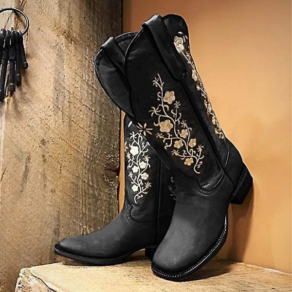 39;Brune dame cowboystøvler moderne western broderte brede legg firkantet tå cowboystøvler for kvinner