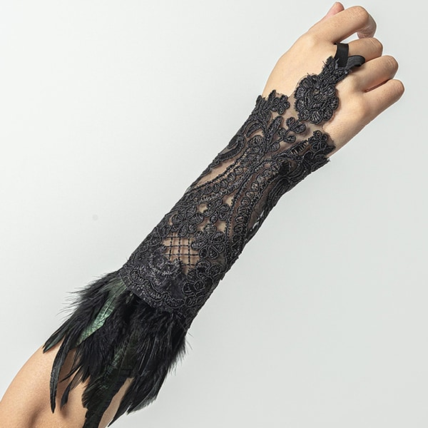 Kvinnors Retro Fjäder Spets Långa Handskar Armband för Halloween Ch black