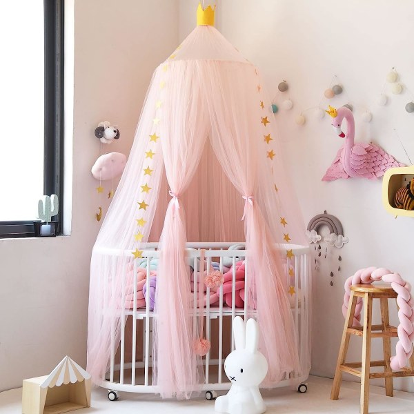 Vaaleanpunainen lankakatos, sängyn katos lasten baby lastenhuoneen sängyn verho