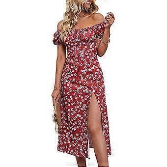 Dam Blommig Klänning Off Shoulder Fyrkantig Hals Puff Kort Ärm Split Fåll Sommar Vardagsklänning