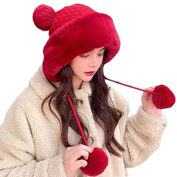 Vinter Pompom Beanie Hatte til kvinder Fluffy Knit Dame Beanie Fa