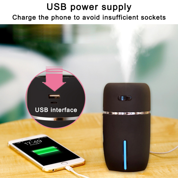 Mini Bärbar USB luftfuktare, Tyst, Justerbar Dimlägen (svart)