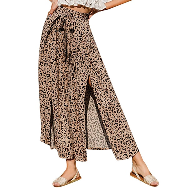 Dam Byxor Långa Vida Ben Hög Midja Byxor Lårsplit Knytband Byxor Sommar Casual Byxor Leopardmönster M