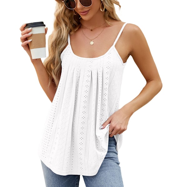 Dam Spaghetti Strap Topp Plisserad Framsida Ärmlös Lös Passform U-ringning Utskuren Enfärgad Sommar Camisole Topp Vit XXL
