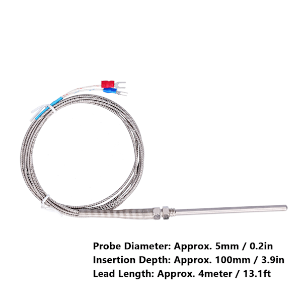 K-Type Temperaturføler Termoelement Termisk Sonde Rustfrit Stål 0~600℃ WRNT‑187 Almindelig Type 4 Meter